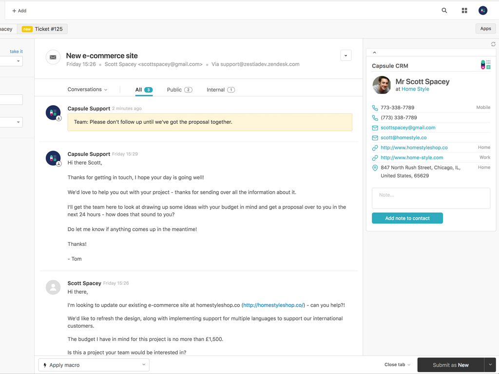 Capsule CRM dashboard view — Knowledge and Content Management app on the Zendesk Marketplace